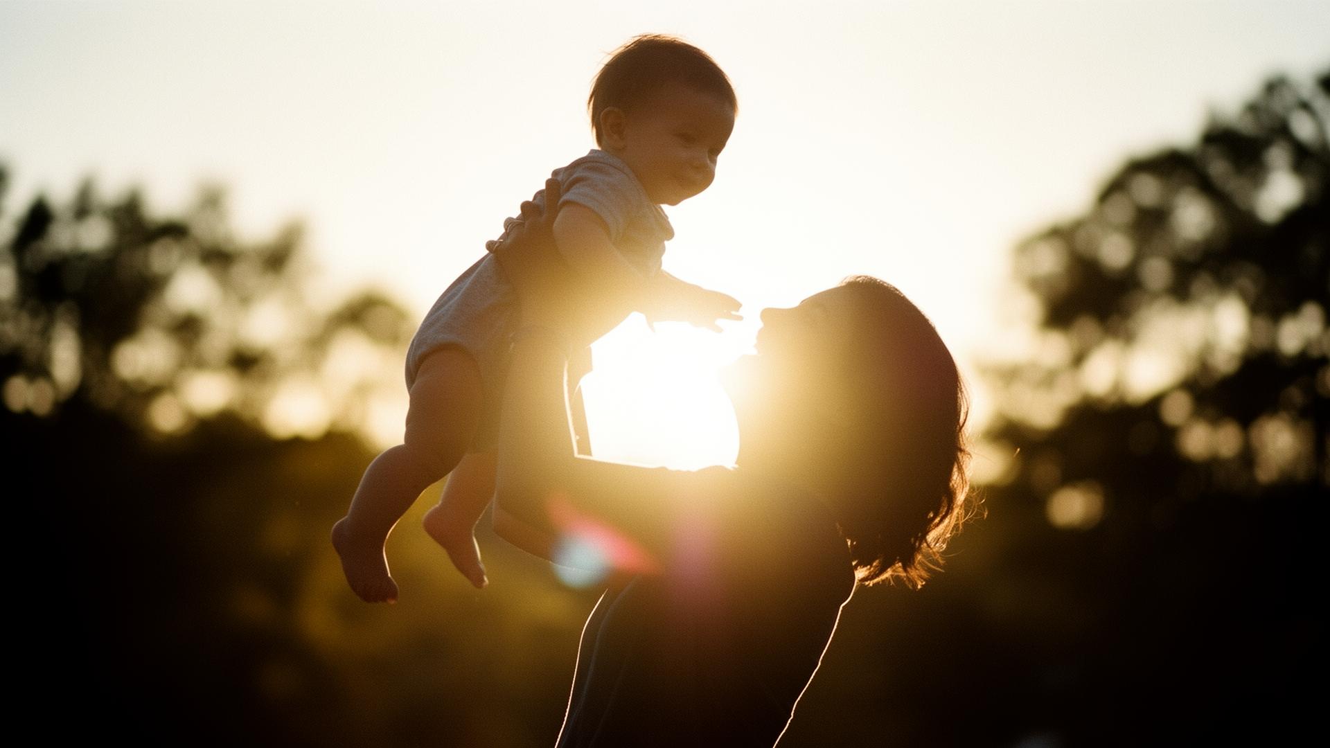 A parent lifting a toddler into the warm sunset