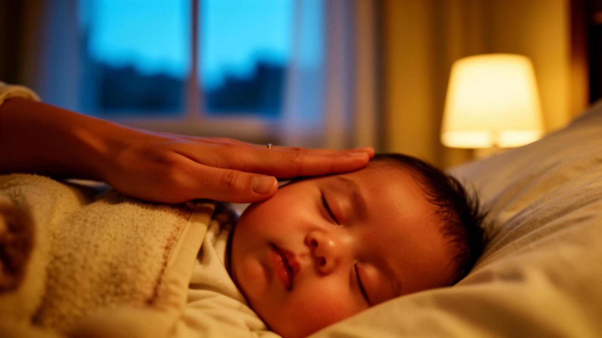 A mother gently checking her sleeping baby's forehead at night
